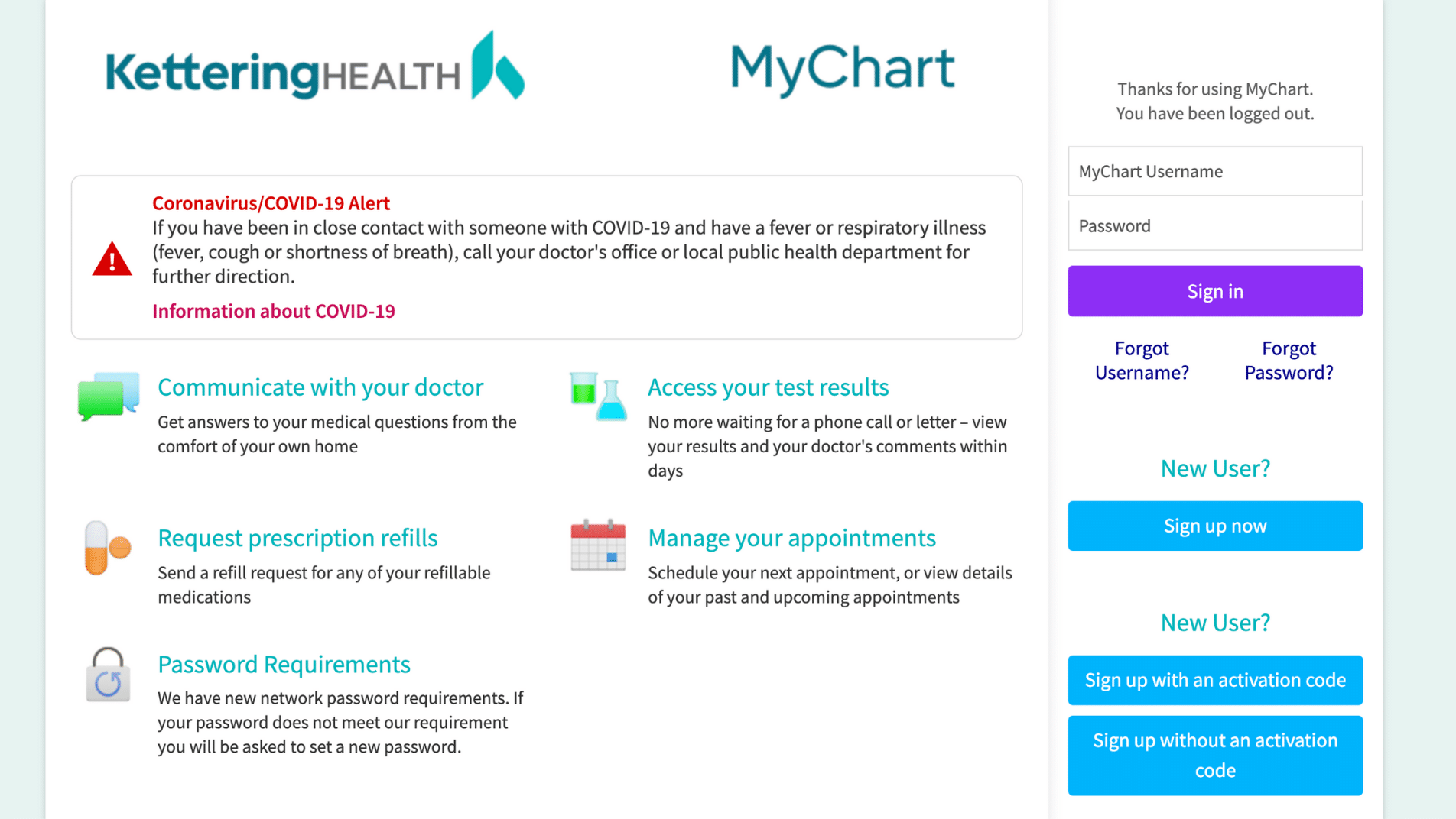 The login screen for mychart